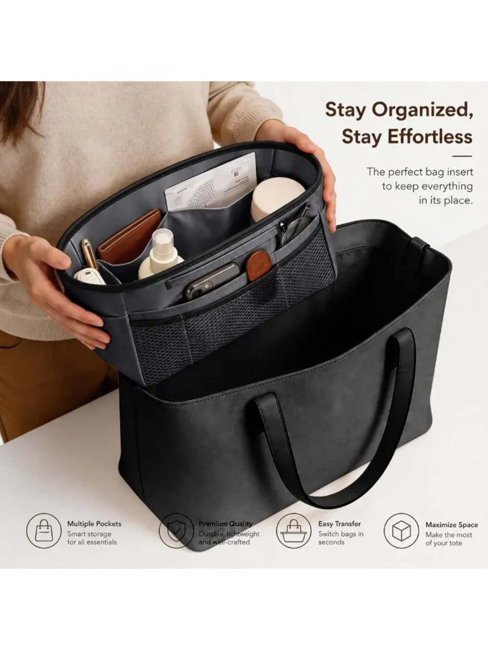 Multi-Pocket Tote Bag Organizer Insert - 11.42 Inch Satin Purse Organizer